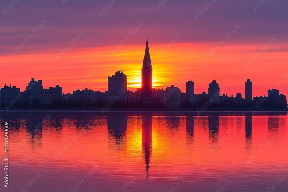 Sunset Over City Skyline with Reflections in Water Sunset Over City Skyline with Reflections in Water
