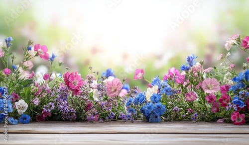 Vibrant wildflowers on rustic wood, blurred garden background.