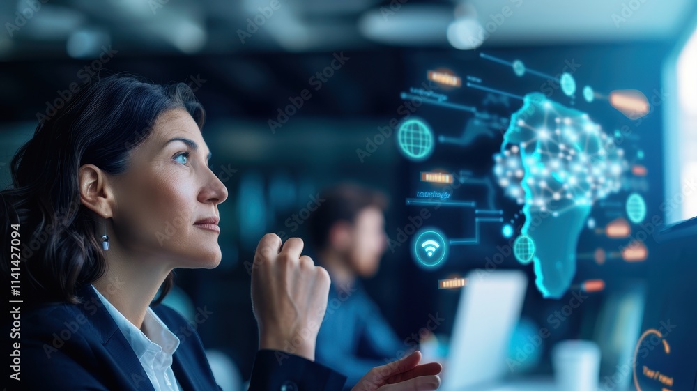 A professional woman contemplates data insights, with digital graphics illustrating connections and information flow around a representation of Africa. A professional woman contemplates data insights, with digital graphics illustrating connections and information flow around a representation of Africa.