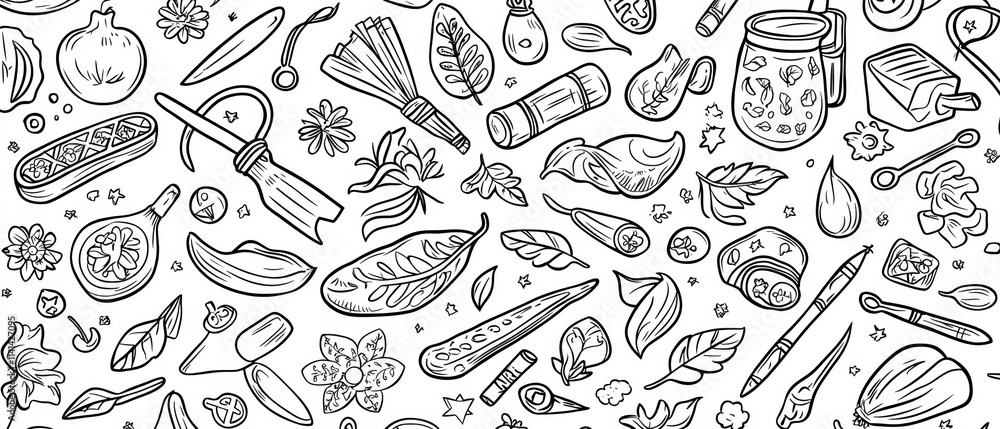 Hand-Drawn Seamless Pattern of Botanical and Art Supplies Hand-Drawn Seamless Pattern of Botanical and Art Supplies