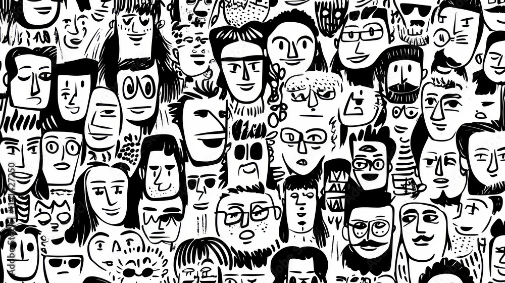 A vibrant illustration featuring numerous unique faces in black and white, showcasing diverse expressions. A vibrant illustration featuring numerous unique faces in black and white, showcasing diverse expressions.