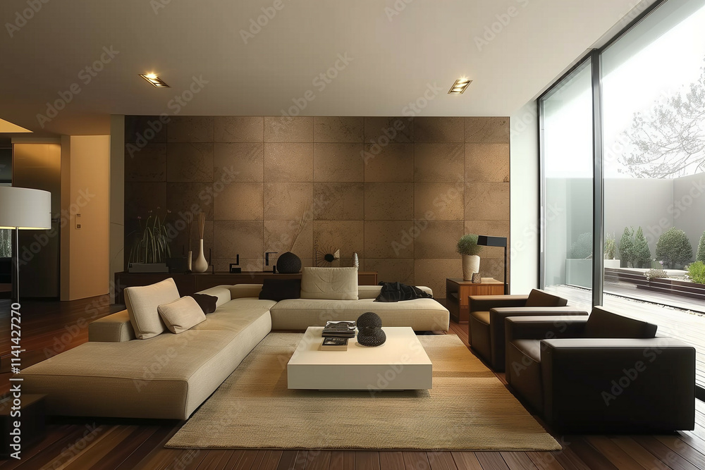 Fototapeta premium A minimalist living room featuring a large L-shaped couch, sleek decor, and a panoramic view of a serene garden through floor-to-ceiling windows