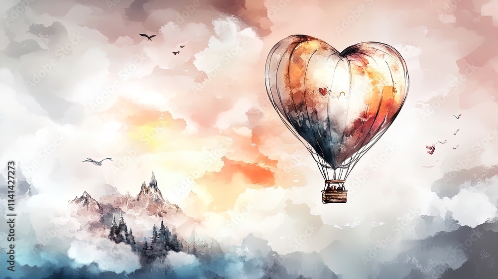 Obraz premium heart-shaped hot air balloon in a pink sunrise sky: perfect poster for romantic spaces or inspirational decor in your home or office
