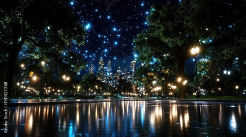 A serene night scene featuring a city skyline illuminated by stars and streetlights.