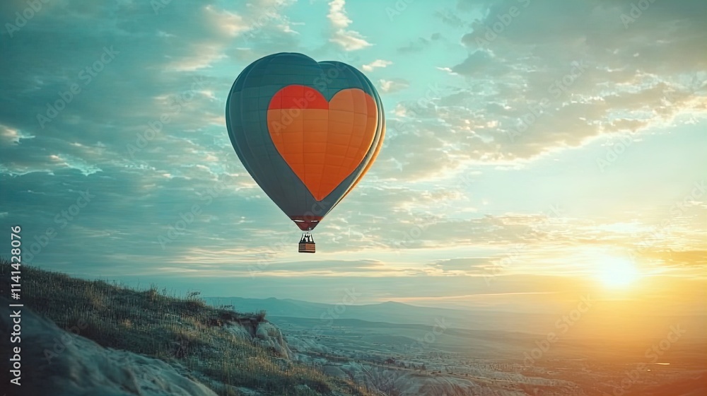 Fototapeta premium heart-shaped hot air balloon in a pink sunrise sky: perfect poster for romantic spaces or inspirational decor in your home or office