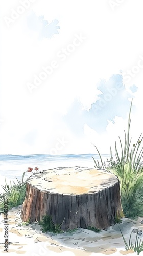 A tree stump sits on a sandy beach with a bright blue sky and some wispy clouds.