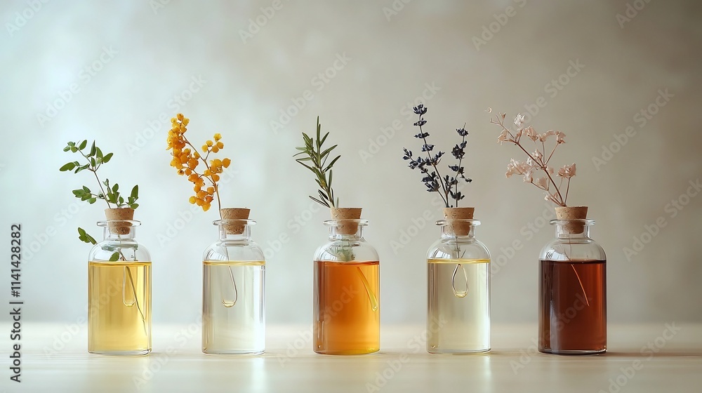 Elegant glass beauty oil droppers with natural botanical elements in a composition This image showcases a high end luxury skincare or haircare product with a focus on wellness natural ingredients Elegant glass beauty oil droppers with natural botanical elements in a composition This image showcases a high end luxury skincare or haircare product with a focus on wellness natural ingredients