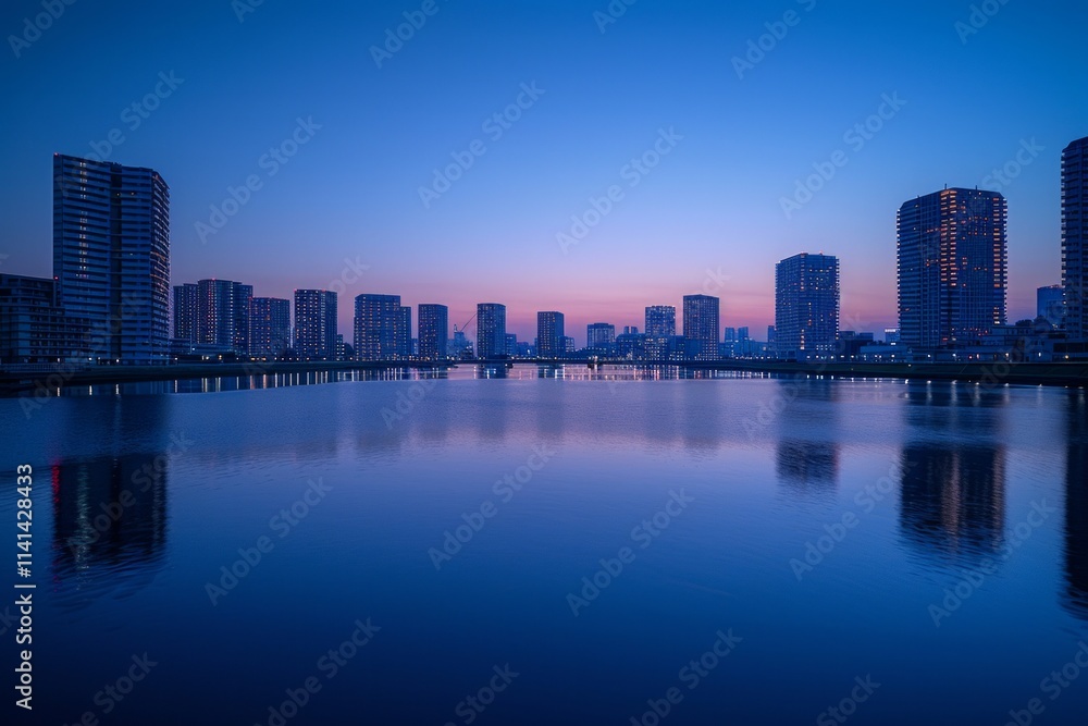 Fototapeta premium City skyline reflecting in calm water at dusk. AI generative.