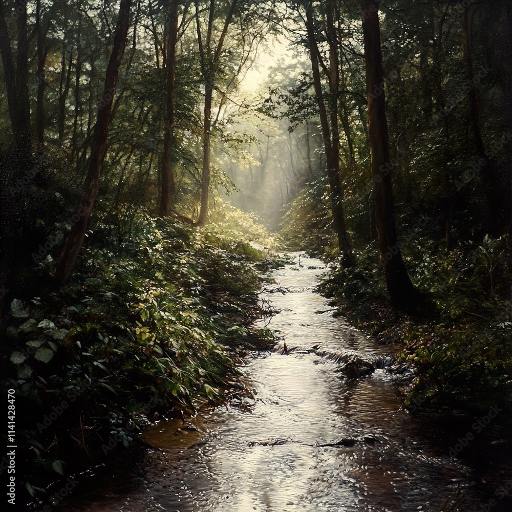 Obraz premium Sunlit Forest Stream: A Serene Landscape