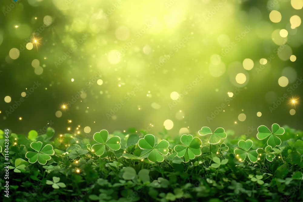 Fototapeta premium Magical shamrocks sparkle in a dreamy, green field. Perfect for St. Patrick's Day cards, websites, or any celebration of luck and Irish heritage.