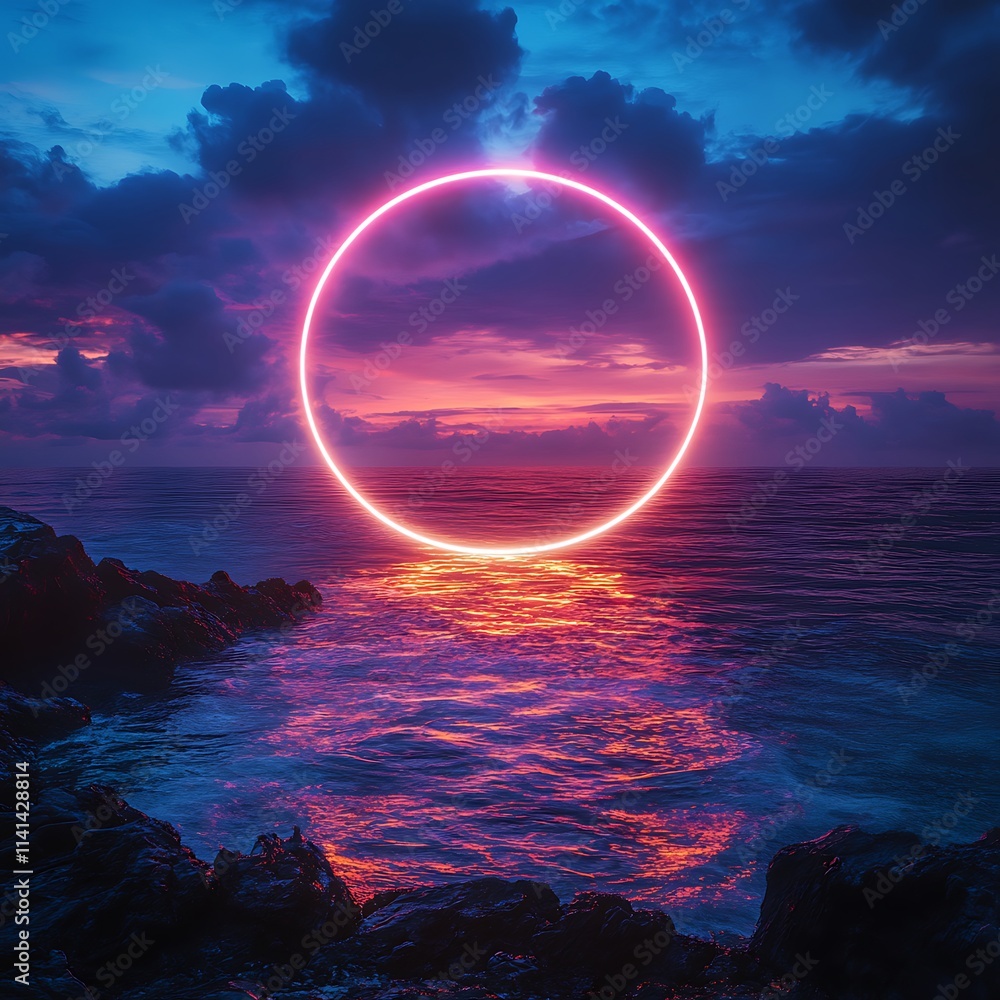 Mesmerizing Glow Sunset Over Ocean Neon Circle Fantasy Art Mesmerizing Glow Sunset Over Ocean Neon Circle Fantasy Art