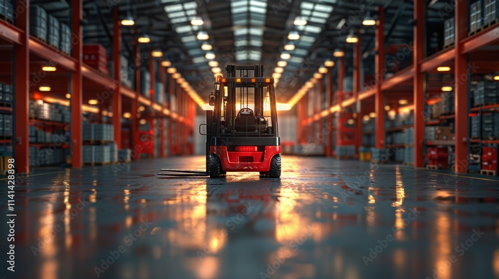 Forklift parked in a warehouse with orange lights reflecting on the floor. AI generative. Forklift parked in a warehouse with orange lights reflecting on the floor. AI generative.
