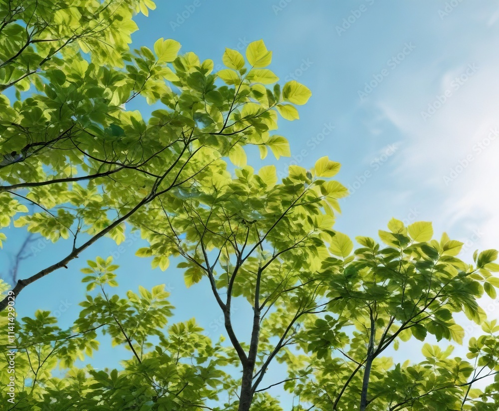 Fototapeta premium vibrant green beech leaves against a pale blue sky, spring season, forest scenery