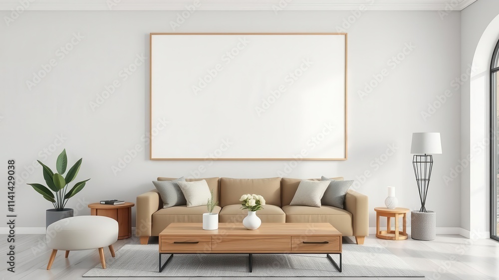 Fototapeta premium A clean and minimalist wall art mockup featuring a stylish living room setup, cozy, modern