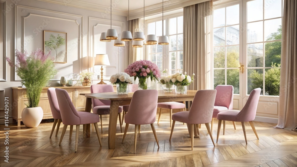 Elegant Pastel Pink Chairs Surrounding an Oak Table in a Tastefully Lit Corner for Stylish Interiors Elegant Pastel Pink Chairs Surrounding an Oak Table in a Tastefully Lit Corner for Stylish Interiors