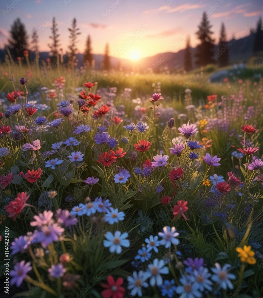 Vibrant wildflowers sway in the soft breeze of a serene meadow at twilight, garden, peaceful, mountains Vibrant wildflowers sway in the soft breeze of a serene meadow at twilight, garden, peaceful, mountains