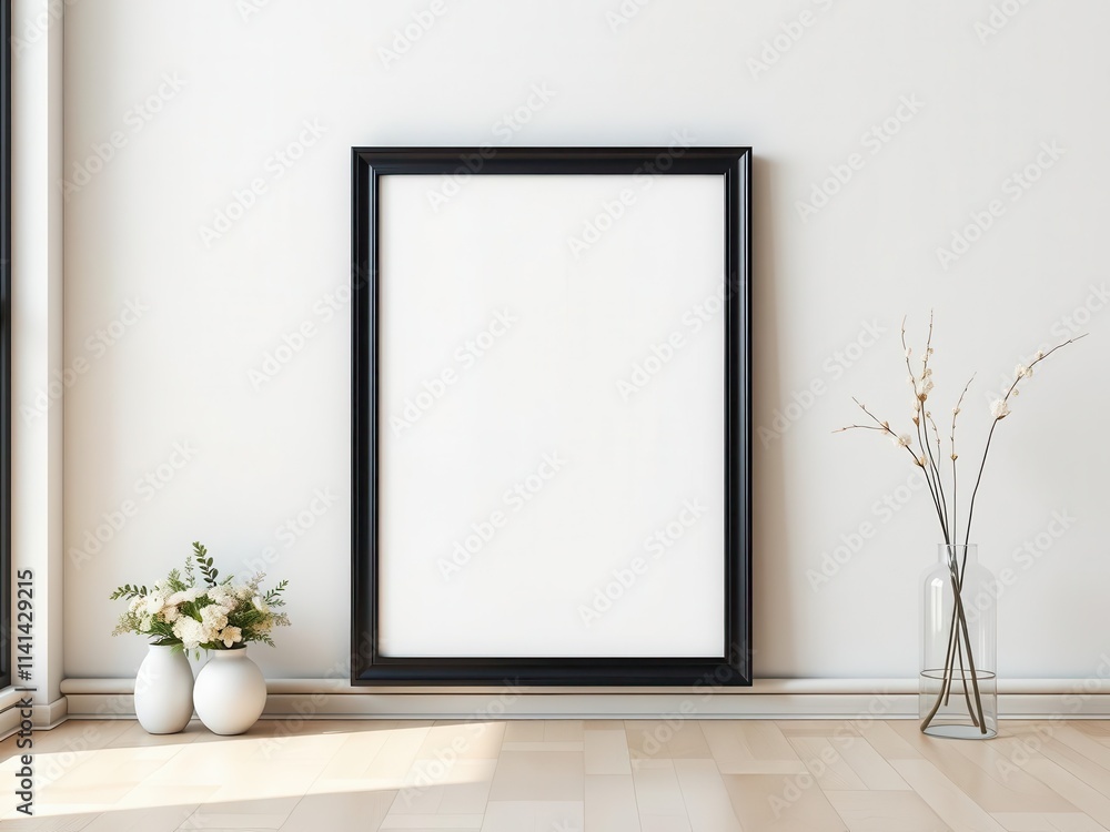 Fototapeta premium A minimalistic wall art mockup featuring a black frame with a blank canvas, blank, frame