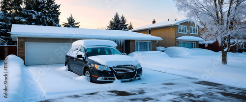 Snow-covered car and houses in a suburban neighborhood during winter twilight