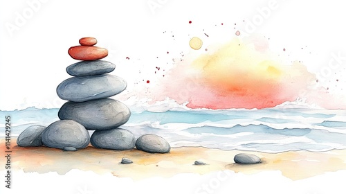 A watercolor illustration of a zen rock stack on a beach with a sunrise and crashing waves in the background.