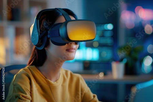 A woman wearing a virtual reality headset engages with immersive technology in a modern, illuminated setting.