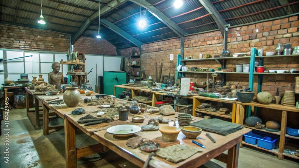 A cluttered pottery studio with wooden workbenches and shelves A cluttered pottery studio with wooden workbenches and shelves