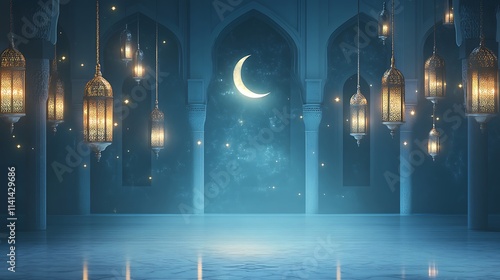 Illuminated Mosque Interior with Crescent Moon and Stars