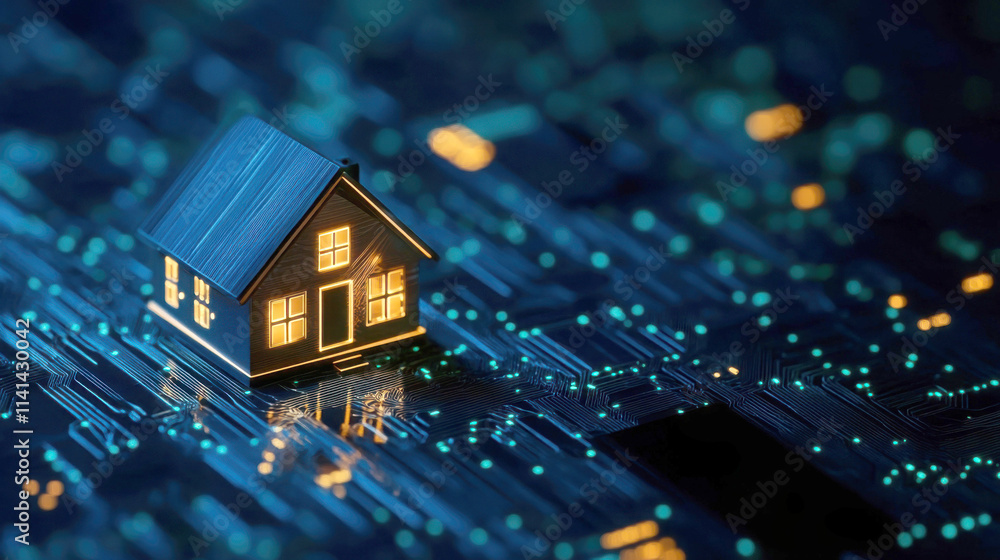 A miniature house on a circuit board representing digital homes. A miniature house on a circuit board representing digital homes.