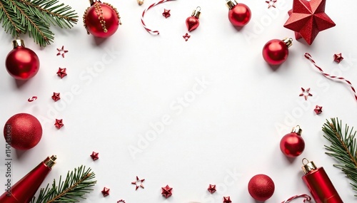 White background with scattered red ornaments, Red ornaments, festive decorations