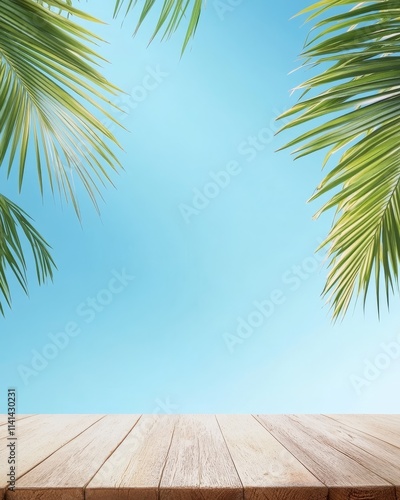 Fototapeta Naklejka Na Ścianę i Meble -  Wooden table against a tropical sky with palm leaves.