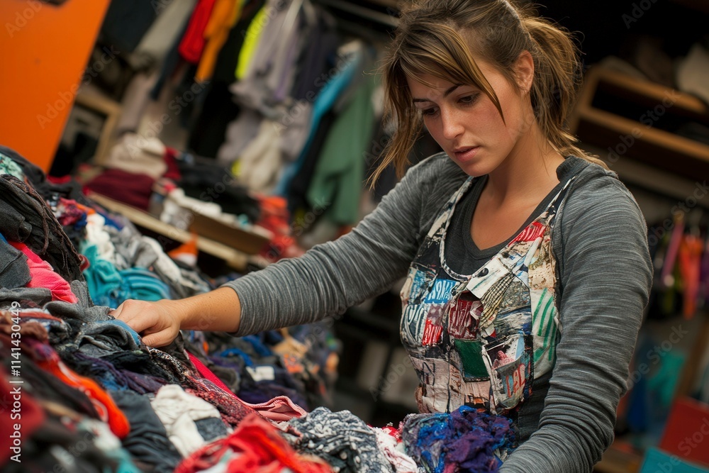 Obraz premium Woman Organizing Colorful Clothes in Boutique