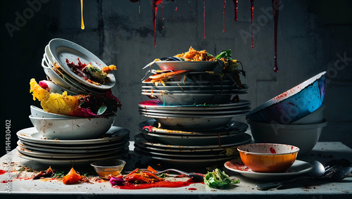 Messy stack of dirty dishes covered in food remnants after a lively dinner party in a dimly lit kitchen