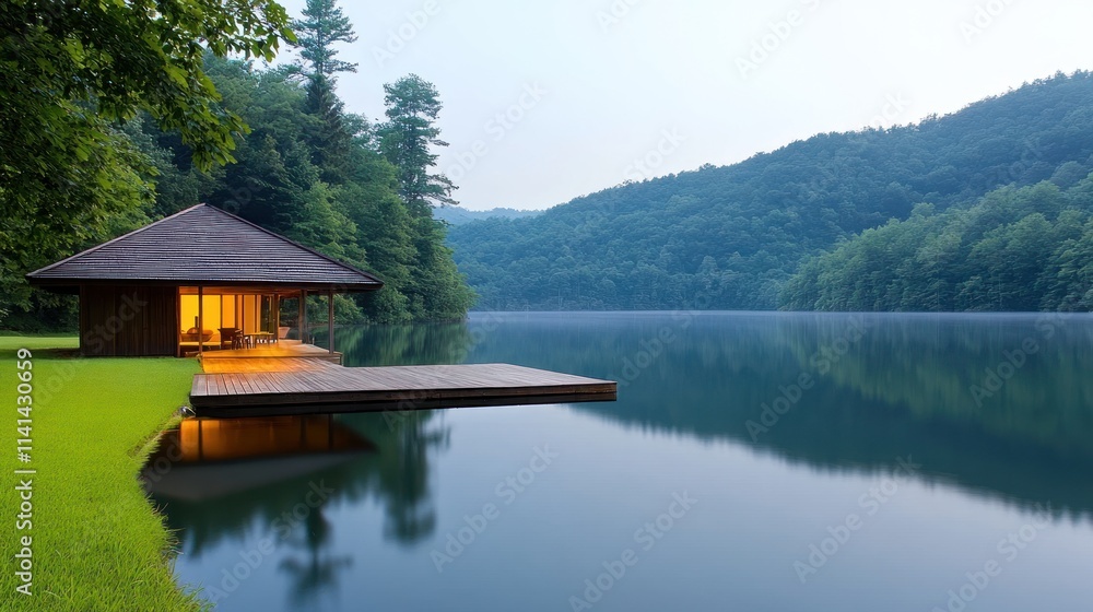 Fototapeta premium Serene lakeside cabin surrounded by lush greenery and mountains.