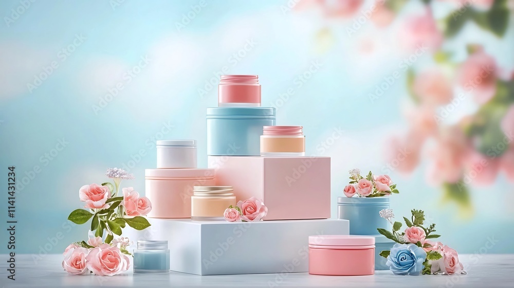 A clean and elegant shot of various cosmetic travel jars neatly arranged on a soft pastel colored background showcasing a minimalist and serene beauty product display A clean and elegant shot of various cosmetic travel jars neatly arranged on a soft pastel colored background showcasing a minimalist and serene beauty product display