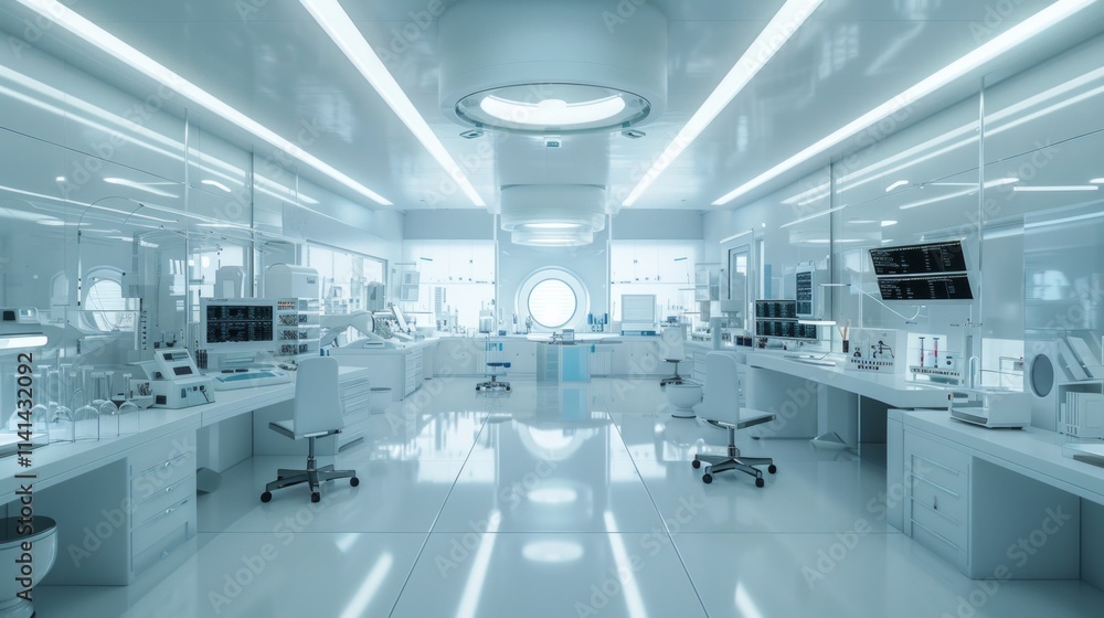 A futuristic, sterile, white lab with sleek equipment, a round window and a bright overhead light. AI generative. A futuristic, sterile, white lab with sleek equipment, a round window and a bright overhead light. AI generative.