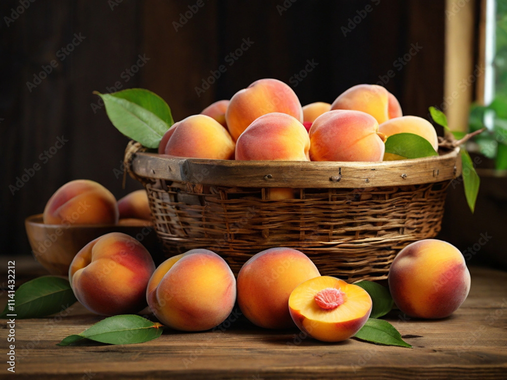 a basket overflowing with fresh peaches, some whole and some sliced. a basket overflowing with fresh peaches, some whole and some sliced.