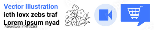 Black and white flowers, a blue video camera icon, and a blue shopping cart in a speech bubble. Ideal for floral designs, multimedia content, online shopping, digital communication, e-commerce