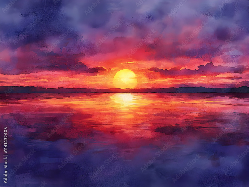 Vibrant Sunset Paints Ocean Canvas, Serene Evening Sky Vibrant Sunset Paints Ocean Canvas, Serene Evening Sky