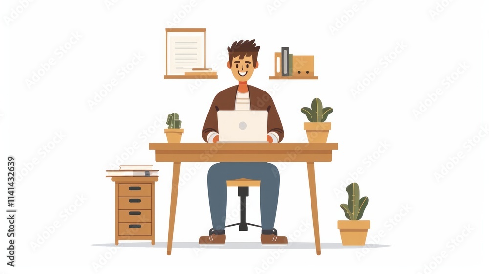 Fototapeta premium Smiling man working on a laptop at his desk with plants AI generative.