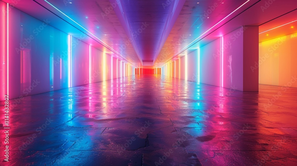 Neon lights reflecting on wet floor in a hallway. AI generative. Neon lights reflecting on wet floor in a hallway. AI generative.