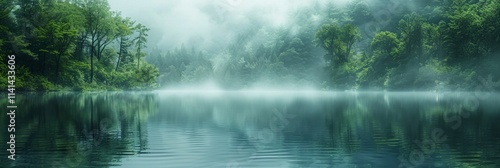 Misty forest reflected in a calm lake. AI generative.