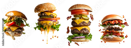 Wallpaper Mural Collection set of deconstructed burger, cheeseburger, hamburger, sesame bun, lettuce, tomato, melted cheese, and juicy patties on transparent cutout PNG. Many different flavour. Mockup template design Torontodigital.ca