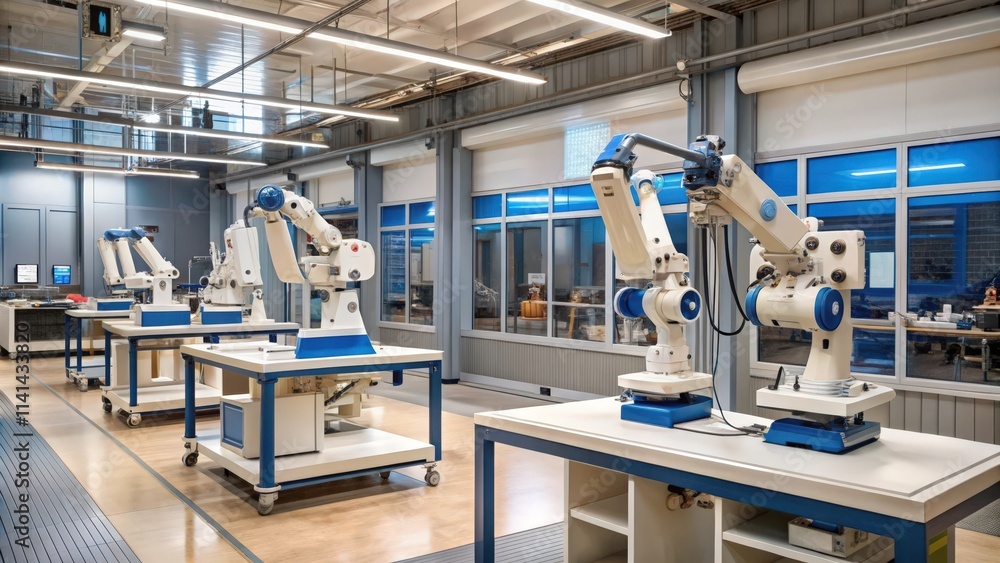 Industrial robotic arms on rolling workstations in a factory setting Industrial robotic arms on rolling workstations in a factory setting