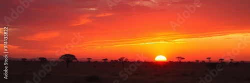 Sweeping savannah landscape under vibrant orange and red sunset with silhouetted acacia trees, Africa, red, nature