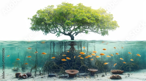 A mangrove tree with roots underwater, surrounded by orange fish. AI generative.