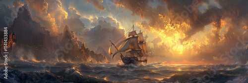 Ship sailing through stormy seas and dramatic golden sunset clouds. AI generative.