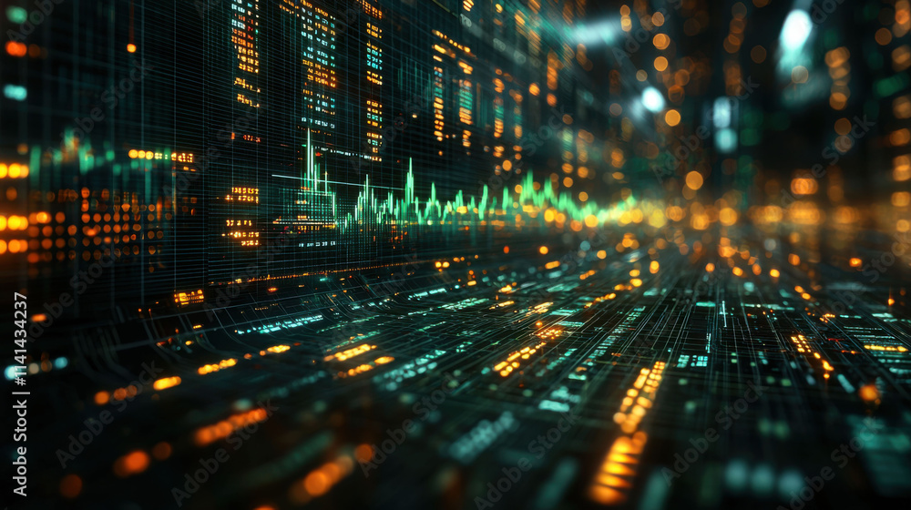Abstract 3D rendering of financial charts with glowing data visualizations Abstract 3D rendering of financial charts with glowing data visualizations
