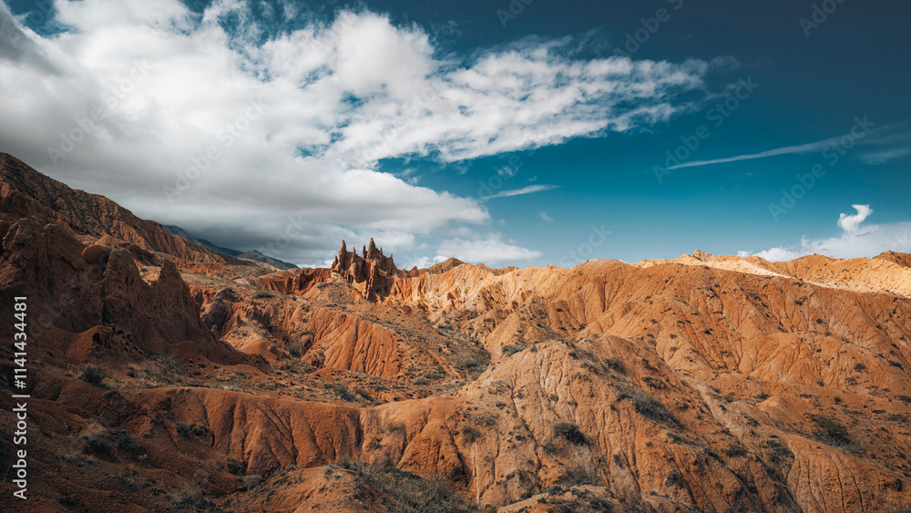 Panoramic view of beautiful landscape of Skazka canyon, famous destination in Kyrgyzstan Panoramic view of beautiful landscape of Skazka canyon, famous destination in Kyrgyzstan