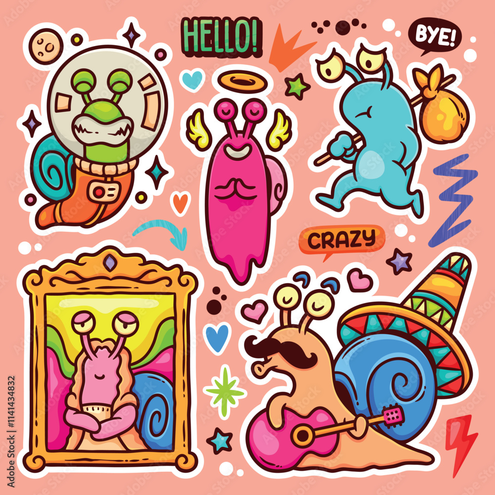 Fototapeta premium Snails Sticker Balloon Hand Drawn Doodle Element Vector Collection
