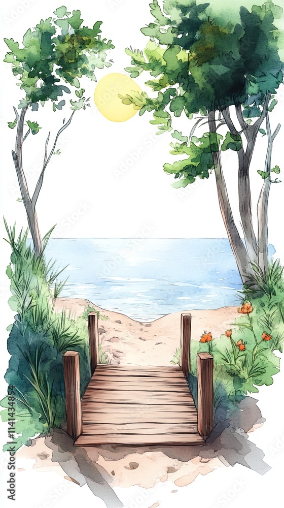Fototapeta premium A wooden walkway leads to a sandy beach with trees and a bright sun in the background.