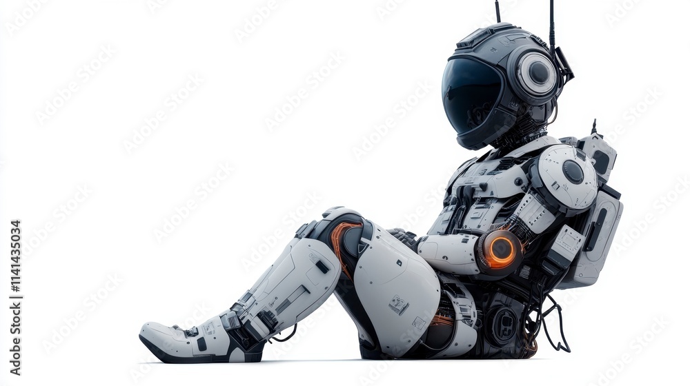 Sad Robot Astronaut Sitting, White Background, Sci-Fi Sad Robot Astronaut Sitting, White Background, Sci-Fi